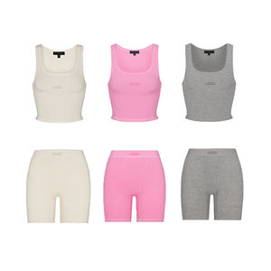 Traje deportivo de algodón acanalado con logotipo personalizado para mujer, mallas de Yoga de cintura alta, camisa de manga corta de gimnasio XL, conjunto sólido de 2 piezas para exteriores - Product Image 5