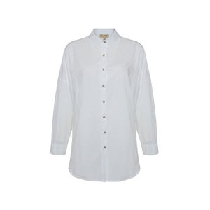<b>White</b> Poplin Embroidered Blouse for Women-Classic Ruffled Office Top - Product Image 1