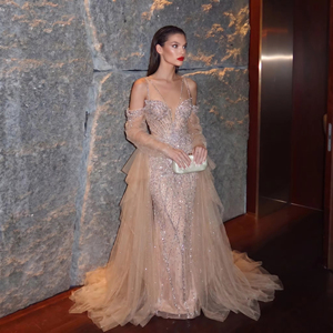 Robe de bal de luxe Jancember LSZ123 Champagne 2026, robe de soirée scintillante avec cape, lourdement ornée de strass - Product Image 1