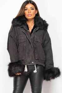 Veste en jean surdimensionnée en fausse fourrure pour femme de qualité supérieure avec logo personnalisé fermeture éclair en coton noir de haute qualité confortable pour toutes les saisons - Product Image 5