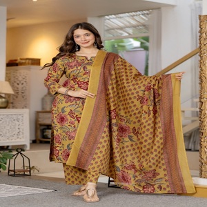 Women Mustard Floral Printed Cotton Salwar Kameez Set With Matching Dupatta | Traditional Ethnic Casual Wear | Regular Fit India - Product Image 1