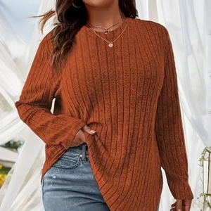 เสื้อเจอร์ซีย์แฟชั่นสำหรับผู้หญิงแขนยาวคอกลมเสื้อมีร่องระบายลำลองระบายอากาศสีพื้น - Product Image 1