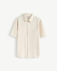 Chemise à manches courtes pour homme en coton 100% premium respirant, motif uni, col rabattu, bouton unique, coupe régulière, style décontracté - Product Image 1