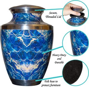 Cremation <b>Urn</b>, for Human Ashes, Personalized Marble Finish Metal Funeral <b>Urn</b> with Velvet Bag (Blue <b>Large</b>) - Product Image 3