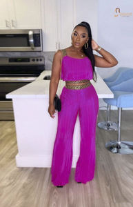 Hauts courts plissés de couleur unie et ensemble de pantalons à jambes larges taille haute été casual femmes ensemble deux pièces - Product Image 2