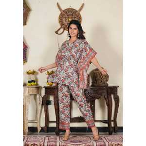 Women's Multi Floral Printed 100% Cotton Eco-Friendly <b>Kaftan</b> Co-ord Set Stylish Summer Beach Wear Comfy for Outfit Quick Dry - Product Image 4