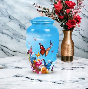 โกศสีฟ้าพร้อมผีเสื้อที่กระพือปีกเป็นที่ระลึกสำหรับเก็บขี้เถ้าของมนุษย์ปรับแต่งได้พร้อมโกศตกแต่ง - Product Image 5
