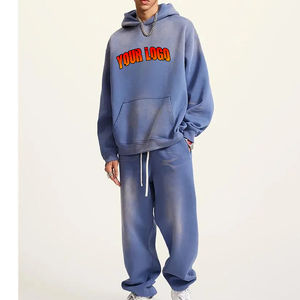 Meilleur prix de gros, streetwear, sweat à capuche pour homme, ensemble de survêtement délavé à l'acide, 2 pièces, couleur unie, 100% coton - Product Image 1