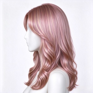Peluca sintética rizada de longitud media en capas color oro rosa con flequillo cortina - Product Image 2