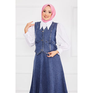 Conjunto de mezclilla azul modesto: Top corto, chaleco y falda, estilo casual vintage de verano con encaje y botones decorativos, corte ajustado con cinturón. - Product Image 2