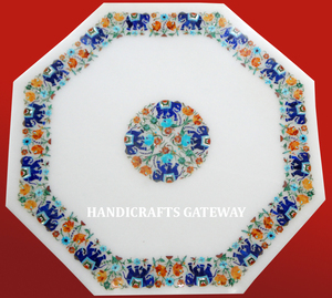Exclusif Antique Mix Couleur Fleur Incrustation Design Travail Blanc Marbre Incrustation Dessus De Table Forme Octogonale Le Plus Beau Dessus De Marbre - Product Image 1