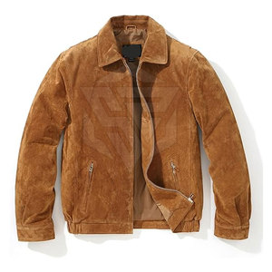 แจ็กเก็ตหนังนิ่มสำหรับผู้ชาย, สินค้ามาใหม่เสื้อแจ็คเก็ตหนังกลับคอปกตั้งด้านหน้าโลโก้หนังวัวระบายอากาศได้กันลม - Product Image 1