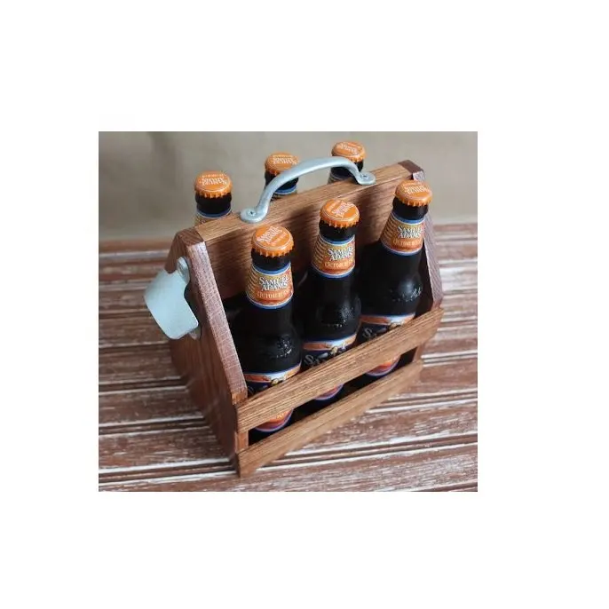 パーソナライズされたビールホルダー6パックキャディビールホルダーホットクラフト木製ビールボトルクレートキャリアホルダー、金属オープナー付き