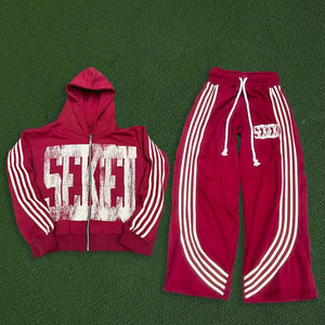 Sudadera con capucha y cremallera con lavado ácido personalizada para hombre, conjunto de Jogger con estampado de hojaldre Acampanado y pantalones de chándal, chándales de invierno - Product Image 6