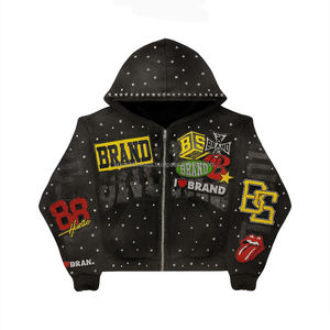 Sudadera con capucha corta para hombre de algodón de 500 g/m² con pedrería, estilo oversize, lavado ácido y efecto desgastado, ideal para invierno. - Product Image 6