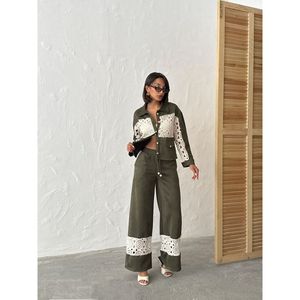 Women's Wide Leg <b>Trousers</b> with Lace Details - <b>BLACK</b> - Product Image 5