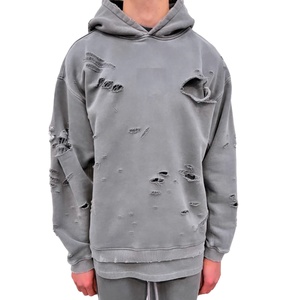 Tùy Chỉnh Vá Thêu Người Đàn Ông Ripped Quá Khổ Hoodies Nặng Trọng Lượng Bông Thoáng Khí Màu Hồng Đau Khổ Áo 2024 - Product Image 5