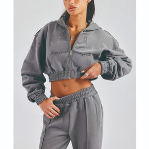 เสื้อฮู้ดดี้ทรงหลวมแบบซิป ตัดเย็บแบบดรอปโชลเดอร์ ปลายเสื้อไม่เย็บรัด ขอบยางยืด แขนยาว สไตล์วินเทจ ลุคซักยับ สำหรับผู้หญิง - Product Image 3