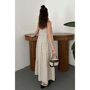 Brown Spaghetti Strap Patchwork Midi Woven 100% Cotton <b>Muslin</b> <b>Dress</b> - Product Image 4