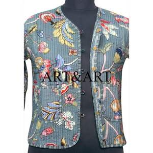 Chaqueta Informal Acolchada con Cuello en V para Mujer, Chaqueta de Algodón con Estampado Floral en Bloques, Blazer Hecho a Mano de Manga Corta y Larga para Mujer - Product Image 4