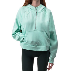 Sweat-shirt à capuche surdimensionné pour femme avec logo personnalisé, poids lourd, demi-zip, haut court, raglan, en molleton de coton, avec badge, doublé, pull d'hiver - Product Image 1