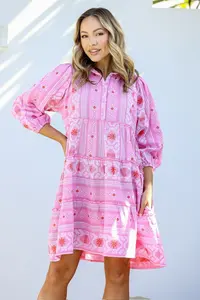 V-Weaving Authentic Indian Handmade Beach & Summer Dress for Women Short Sleeve Turn <b>Down</b> Collar V Neck Tunic Midi Dress - Product Image 4