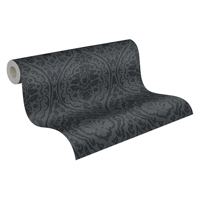 Papier peint non tissé à motif damassé noir et gris, fabriqué en Allemagne, résistant à l'eau et à la lumière, idéal pour hôtels, salles de bain et écoles.