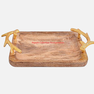 Fait de plateau en bois avec poignée dorée Table de vaisselle d'hôtel Plateau de service alimentaire décoratif pour Table basse Salon Cuisine Utilisation de la salle - Product Image 4