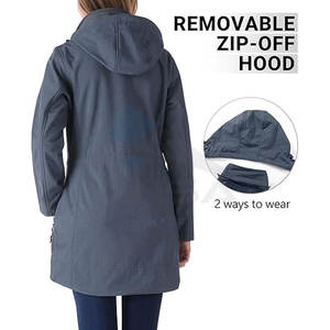 Veste Softshell pour femme, d'extérieur, avec capuche amovible, doublée en polaire, isolée, longue, coupe-vent, gris, bleu chiné - Product Image 2