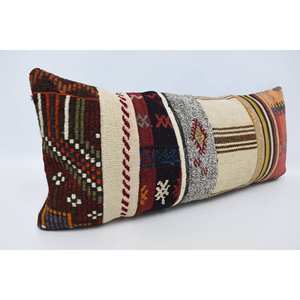 Almohada de retazos de lana a rayas Vintage roja, cojín bohemio de lujo de 16x36 pulgadas para ropa de cama, cojín decorativo tejido suave - Product Image 3