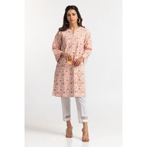 Chemise décontractée pour femme en cambric imprimé à blocs, couleur pêche, respirante, col mandarin, taille naturelle, collection printemps - Product Image 1