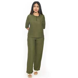 ชุดลำลองคอตตอนผสมสำหรับผู้หญิงชุดเสื้อผ้าลำลองคอกลมและกางเกงขายาวมาตรฐาน - Product Image 1