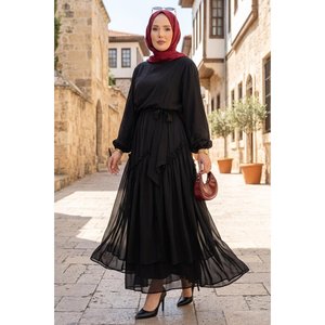 Robe en mousseline de soie noire à volants asymétriques, coupe trapèze, taille naturelle - Product Image 1