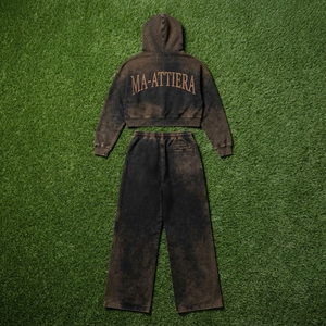 Custom Women Acid Wash Dark Brown Cropped Hoodie <b>Wide</b> <b>Leg</b> <b>Jogger</b> Set Cotton Fleece Streetwear Tracksuit OEM Wholesale - Product Image 6