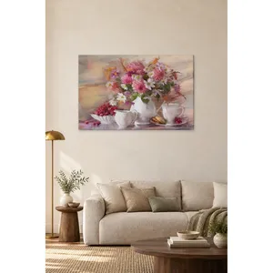 Impression sur toile Fida Pink Wildflowers and Tea Set Still Life - Product Image 1