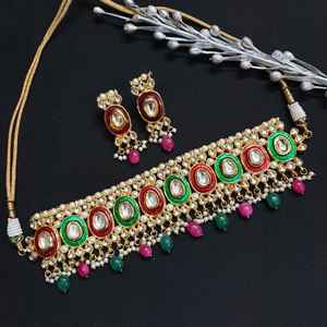 Ensemble de collier ras du cou rouge vert Kundan Meenakari bijoux en cuivre plaqué or avec perle pour les occasions de mariée cadeau parfait - Product Image 4