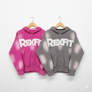 Sweat à capuche zippé Rexfit Sports Streetwear en molleton French Terry rose et gris délavé, coupe courte, broderie patchwork, effet usé - Product Image 6