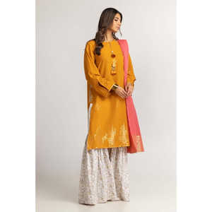 Salwar Kameez Amarillo y Rosa con Bordado Jacquard, Corte Regular, Largo hasta el Suelo, con Camisa y Dupatta para Bodas, Ropa Étnica de India/Pakistán - Product Image 5