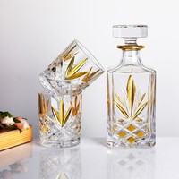 Ensemble de carafe à whisky en verre avec verres, bouteille carrée de 700 ml et 2 verres avec motif de feuilles dorées
