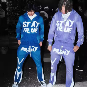 Kivotech Custom Lightweight Winter Streetwear Tracksuit Distressed Boxy All Print Rhinestone Full Length Acid Washed <b>Men</b> <b>Flared</b> - Product Image 6