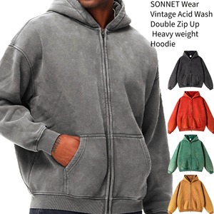 Venta al por mayor de peso pesado de gran tamaño lavado ácido liso Zip up pulóver con capucha Vintage lavado desteñido francés Terry cremallera sudaderas con capucha para UNISEX - Product Image 3