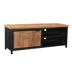 Support multimédia TV en bois de manguier moderne à la mode finition noire naturelle deux étagères ouvertes pour le stockage Compact pour salon chambre ferme - Product Image 1