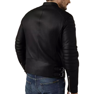 Men's <b>Black</b> PU Leather Moto Jacket Stand Collar Zipper Closure Slim Fit Regular Sleeve Solid Color Autumn Wear - Product Image 4
