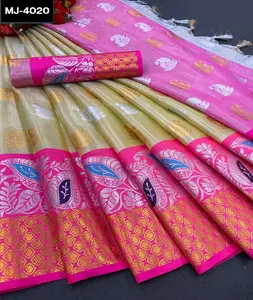 Indian Women Wear soft Tissue Silk Saree with Beautiful Gold and Silver Weaving with Rich Pallu and Self Weaving Mini Butti Sari