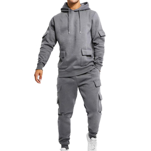 Cargo Pockets Style <b>Men</b> <b>Hoodie</b> and Sweat Pant Tracksuit Set Custom Logo <b>Grey</b> Color Simple <b>Plain</b> <b>Men</b> Tracksuits - Product Image 1