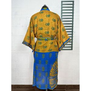 Vintage <b>Kimono</b> Open Jacket Recycled Pure Cotton Boho Summer Tie-Dye House Robe Yellow Blue Floral Style Print Swimsuit Cover Ups - Product Image 5