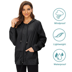 New Women's Black Hooded Windproof <b>Rain</b> <b>Jacket</b> Full Sleeve Zipper Closure Utility Style <b>Long</b> Length Solid Color Polyester Coat - Product Image 3