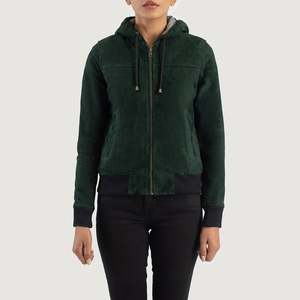 Green Breathable <b>Suede</b> Hooded Bomber <b>Jacket</b> by Rebella - Product Image 4