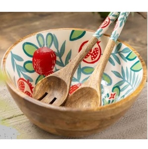 Plato de Servir para Decoración de Mesa, Acabado Esmaltado, Diseño Tallado a Mano, Tazones de Madera de Mango, Tazones con Adhesivo Impreso de Madera de Mango - Product Image 1