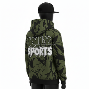 Sweat à capuche zippé pour femme en coton polyester 300GSM, imprimé camouflage vert et noir sur toute la surface, avec logo personnalisé et impression sérigraphique, sweat à capuche basique zippé - Product Image 5